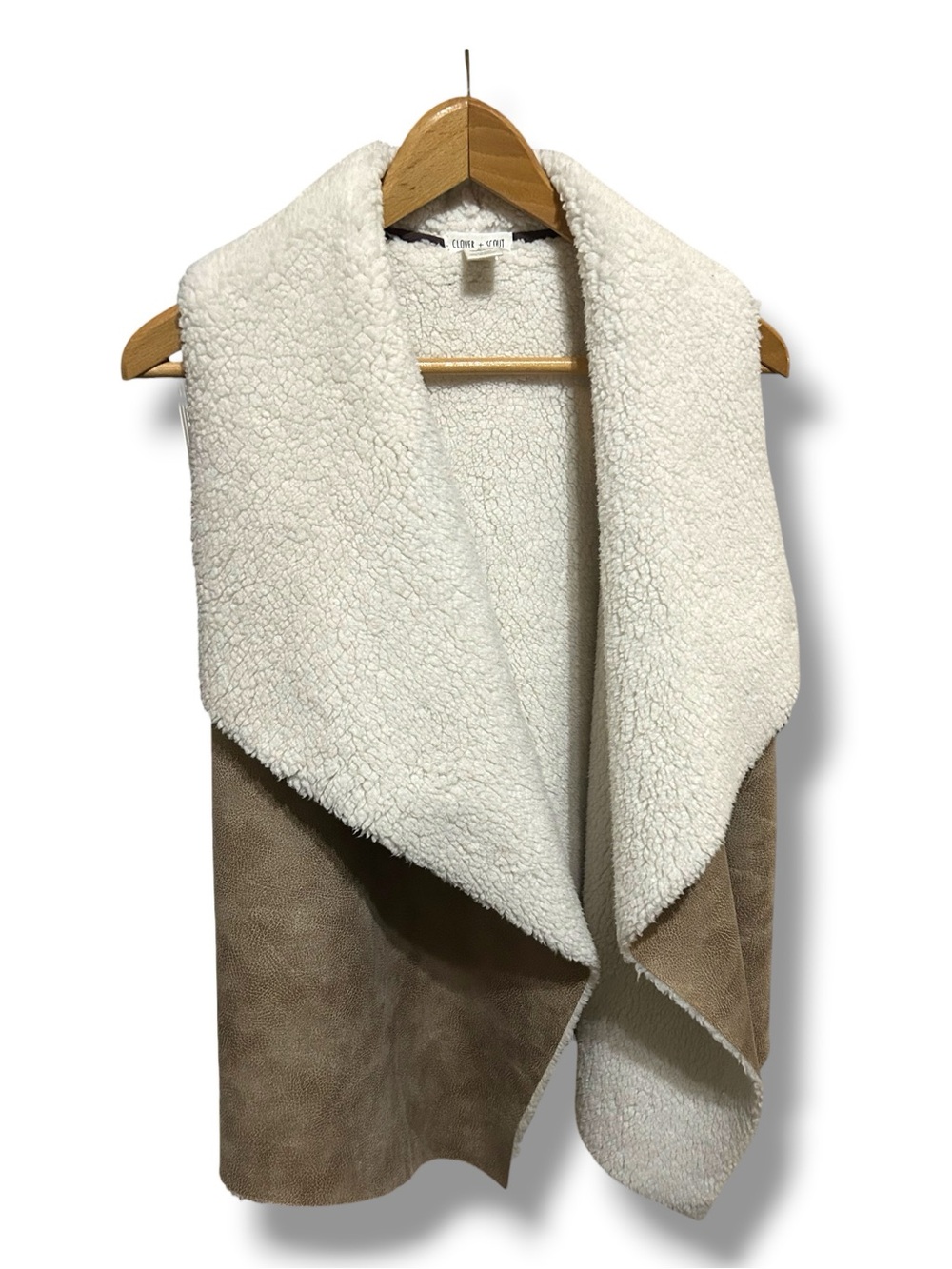 Clover & Scout Boho Chic Faux-Shearling Draped Vest - Cream & Tan